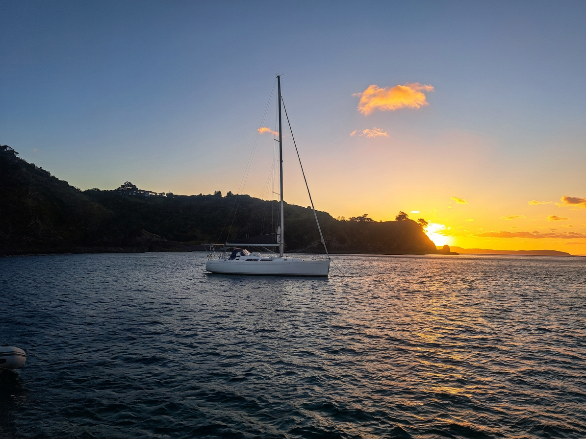Kingfisher anchored during golden coastal sunset Sailboat anchored in calm water at sunset beside a forested coastline