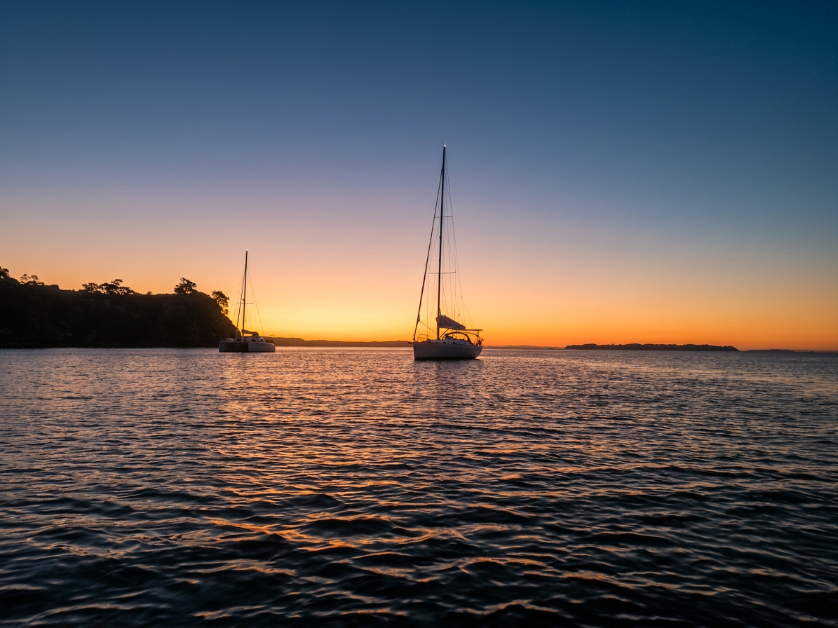 Sailboats Anchored During a Coastal Sunset Two sailboats anchored on calm water during a colorful sunset